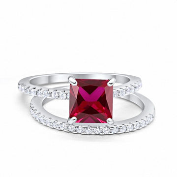 Two Piece Engagement Ring Asscher Cut Simulated Ruby CZ 925 Sterling Silver
